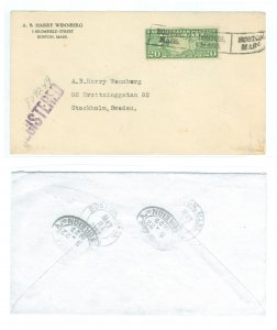 US C9 1927 20c Airmail map stamp paid the 5c UPU service rate + 15c International Registration rate on this 1927 cover from Bost