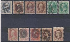 USA 1870-71 Sc 145-150 ELEVEN STAMPS SHADES USED PAID+ 1+ SCV$309.00