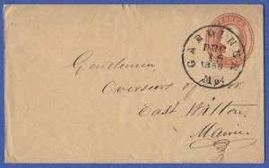 1853 Scott U10 Used 3c Washington postal stationery, GARDENER, ME. 1858 cancel