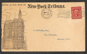 USA 319j STAMP NEW YORK TRIBUNE NEWSPAPER NEW YORK ADVERTISING COVER 1909