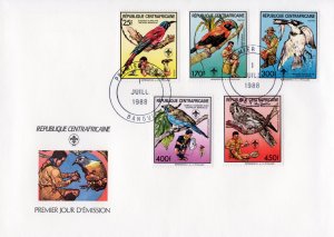 Central African Republic 1988 Birds/Scouts/Owl Set (5) Perforated FDC
