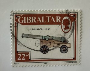 Gibraltar 1987 Scott 516 used - 22p,  Guns & Artillery,  12-pounder