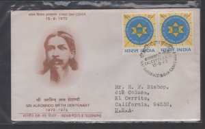 India #558  pair (1972 Sri Aurobindo  issue) addressed FDC