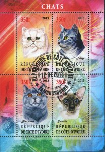 Cote D'Ivoire Cat Domestic Animal Flower Souvenir Sheet of 4 Stamps