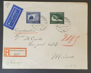 1938 Germany to Milano Italy Registered Zeppelin Stamps Air Mail Cover