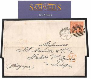 MS883 1864 GB DESTINATION MAIL *Birmingham* Cover *Belgian TPO* SG.80 cat £300+