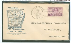 US 782 1936 3c Arkansas Centennial (single) on an addressed first day cover with an Arkansas Centennial Commission cachet.