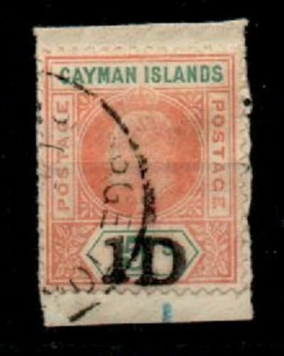 CAYMAN ISLANDS SG19 1907 1d ON 5/= SALMON & GREEN USED ON SMALL PIECE