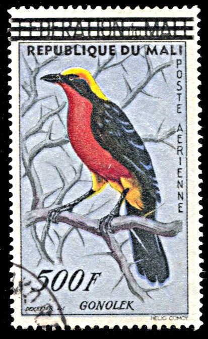 Mali C8, postally used, Barbery Shrike overprinted with Republique du Mali