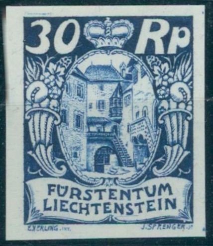 LIECHTENSTEIN, 30 CENTIMES 1920, PALACE COURTYARD IN BLUE, NEVER ISSUED - rare!