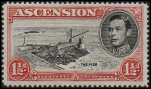 Ascension 42Ce - MH - 1 1/2p Pier /George Town (carm, perf 14)(1938)(cv $6.50)