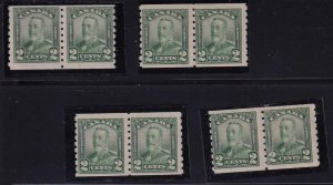 CANADA # 161 x 4 KGV 2cts PAIRS OF SCROLL ISSUED COILS CAT VALUE $960