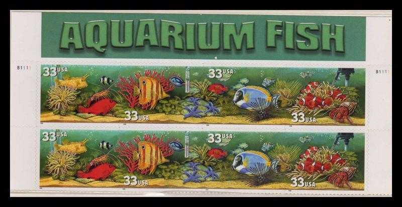 Aquarium Fish 33¢ PLATE BLOCK Of 10 MNH With Header (pb1l)