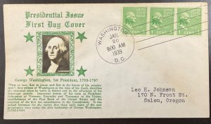 839 Crosby cachet George Washington Coil,  Presidential Series  FDC 1939