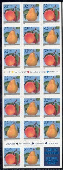 US Stamp #2494a MNH Peach and Pear Self Adhesive Booklet of 20w/ Plate #V11132