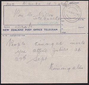 COOK IS 1954 Telegram form - message ex Mauke - Rarotonga cds..............A7692