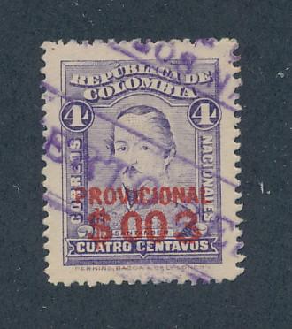 Colombia 1921 Scott 369 used - 3c on 4c, Santander