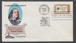 US Mel 1140-13 FDC. 1960 Benjamin Franklin's Credo, Fluegel Color Cachet, VF
