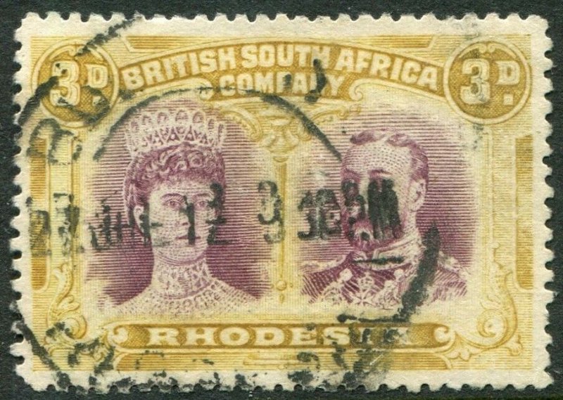 RHODESIA-1910-13 3d Purple & Yellow-Ochre Sg 135 GOOD USED V48374