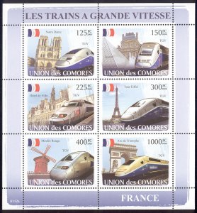 Comoro Islands - 2009 s/s 6 French high speed Trains #1019 cv $ 12.50 Lot # 27