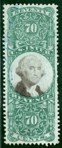USA Classic Revenue Stamp Scott.R117 70c Green (1872) Used Cat $90 BLACK152