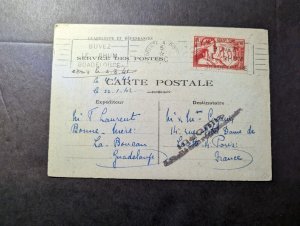 1940 French Guadeloupe WWII Interrupted Mail Postcard Cover to Paris France