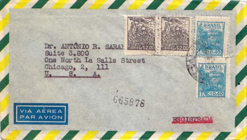 Brazil 40c Agriculture (2) and 2Cr Commerce (2) c1957 [Sao Paulo] Airmail Reg...