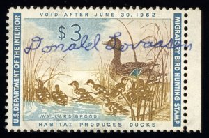US Scott RW28 Used $3 1961 Hunting Permit Mallard Hen & Ducklings T831 bhmstamps