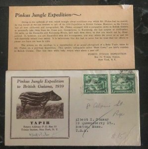 1939 British Guiana Pinkus Jungle Exhibition Tapir Cover To Boston Ma USA