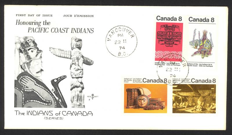 Canada Sc# 570-573 Rose Craft FDC combo (e) (blocks) 1974 Pacific Coast Indians