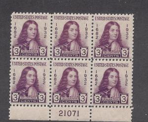 United States, 724, 3c Wm. Penn F-VF Plate Block(6),**MNH**