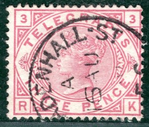 GB QV TELEGRAPHS Stamp SG.T3 3d Carmine Plate 3 (RK) Used Cat £90+ G2WHITE67