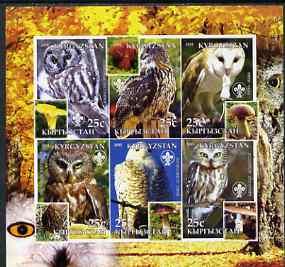 Kyrgyzstan 2005 Owls & Fungi imperf sheetlet containi...