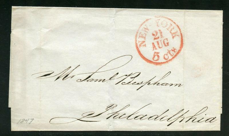 UNITED STATES 1837  NEW YORK RED 5 CTS   STAMPLESS  COVER TO PHILADELPHIA