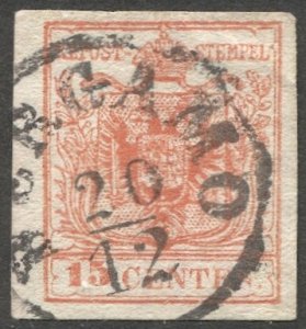 Lombardy-Venetia 1854  Sc 4g 15c Type III Used VF, BERGAMO cancel