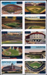 2001 34c Legendary Baseball Fields, Block of 10 Scott 3510-19 Mint F/VF NH