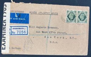 1943 Bournemouth England North Atlantic Route Censored To New York Usa