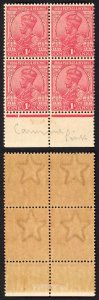 India KGV 1a CARMINE PINK Wmk Single Star (Brown gum) Block 2 x U/M