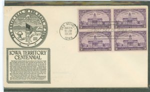 US 838 1938 3c Iowa Territory Centennial (block of four) on an unaddressed FDC with an Anderson cachet