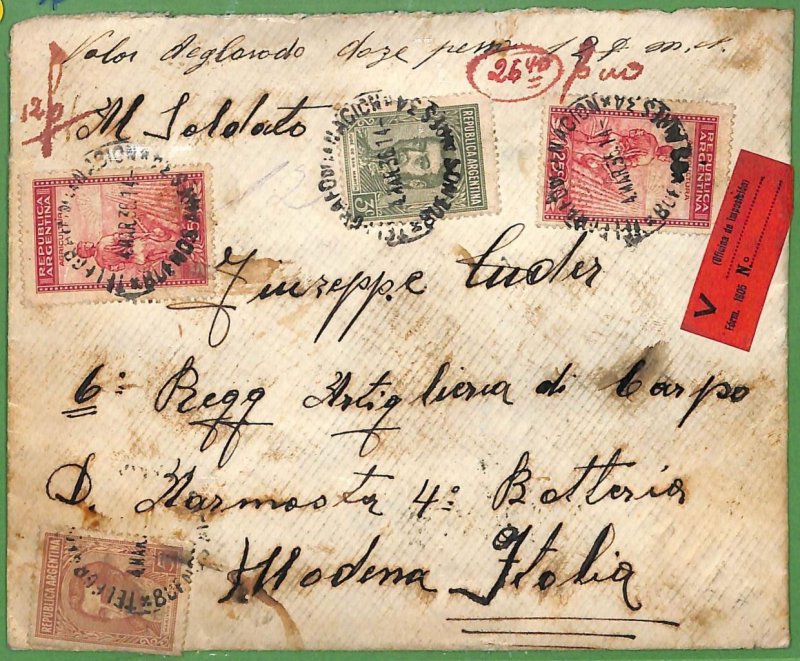 98817 ARGENTINA POSTAL HISTORY Valor Declarado COVER to Modena