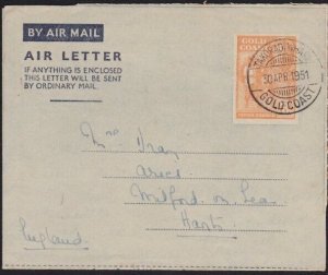 GOLD COAST  1951 GVI 6d aerogramme used to UK - TAKORADI WHARF cds.........B3248