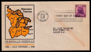 1938 Northwest Territory Sc 837-7 FDC Linprint cachet, Marietta OH