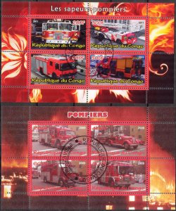 {g1122} Congo 2009 2011 Fire Trucks 2 sheets Used / CTO Cinderella