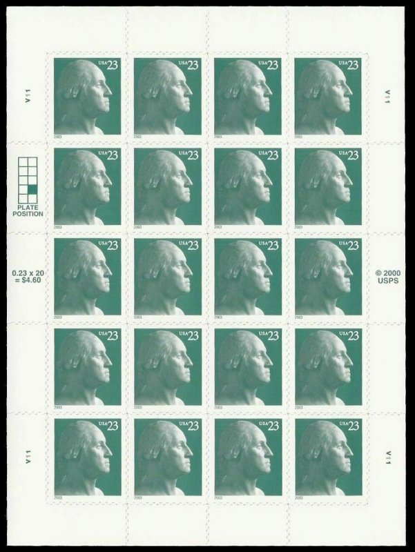 2003 23c George Washington, Gray Green, Sheet of 20 Scott 3819 Mint F/VF NH