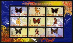 RWANDA - 2011 -Butterflies. Disney Characters #1-Perf 9v Sheet-MNH-Private Issue