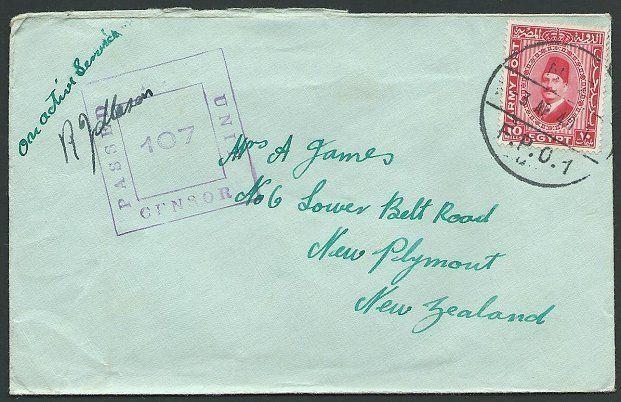 NEW ZEALAND FORCES IN EGYPT 1940 cover 10m Army Post censor to NZ..........41547