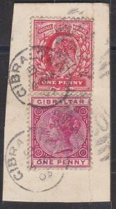 GIBRALTAR 1905 postcard piece with GB & Gib 1d cancelled with duplex........R569