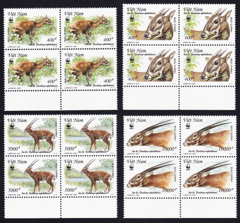 Vietnam WWF Sao La 4v Blocks of 4 with Bottom margins SG#2325-2328 SC#2966-2969