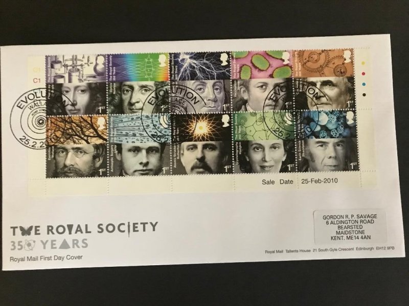 2010 The Royal Society Set on First Day Cover + Evolution Wallace Rd SHS Cat £40