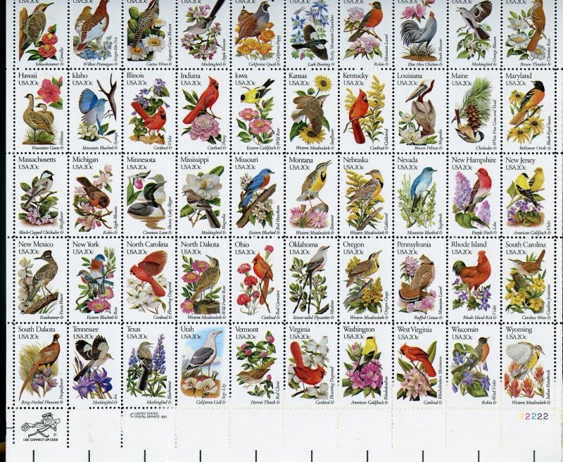 UNITED STATES SCOTT #1953/2002 STATE BIRDS & FLOWERS COMPLETE SHEET MINT NH